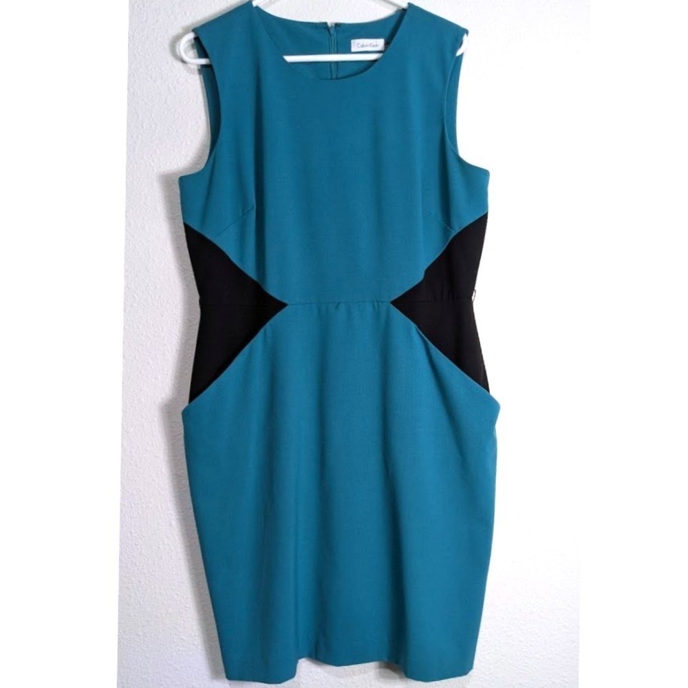 Calvin Klein Dress Size 14  Teal Blue Black Colorblock Sleeveless Sheath - Picture 2 of 9